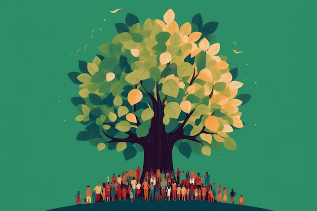 Illustration of a group of people holding hands under a giant tree