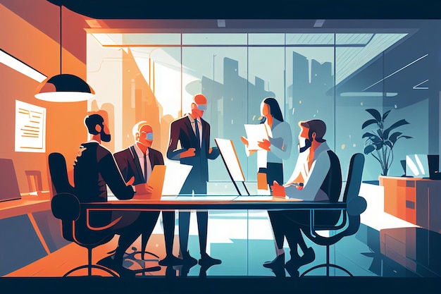 Illustration of a group people in meeting room with man and woman generative ai