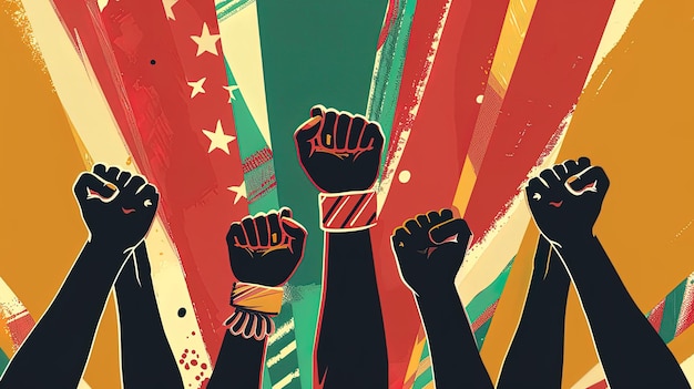 Illustration of a group of people raising their fists