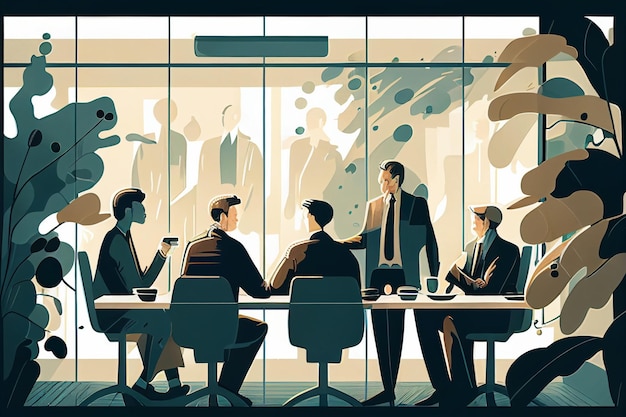 Иллюстрация группы людей, сидящих за столом с напитками, генеративный ИИ