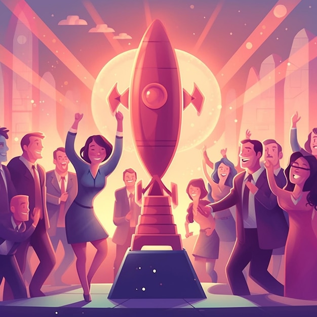 Illustration of a group of people standing around a trophy generative ai