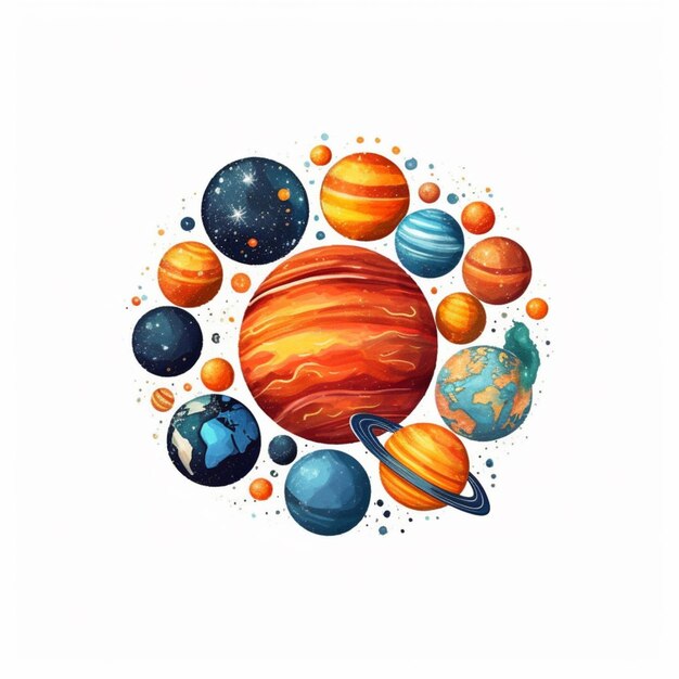 Photo illustration of a group of planets with a sun and planets in the center generative ai