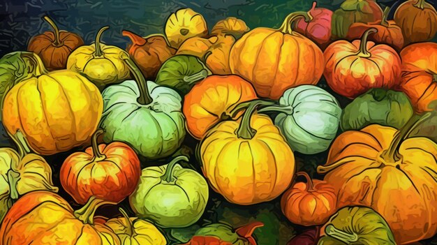 Illustration of a group of pumpkins in vivid lime tones