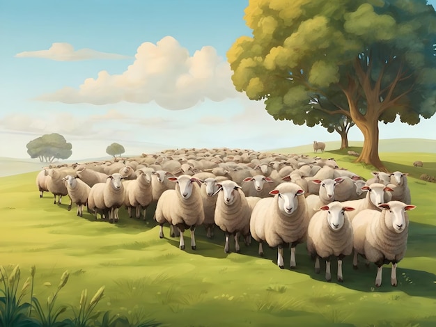 Illustration of a Group of Sheep in a Field Background