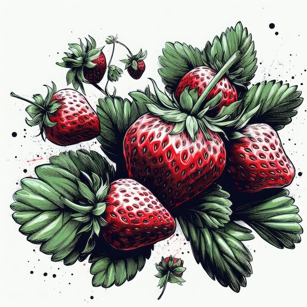 An illustration of a group of strawberries with leaves and stems The strawberries are different