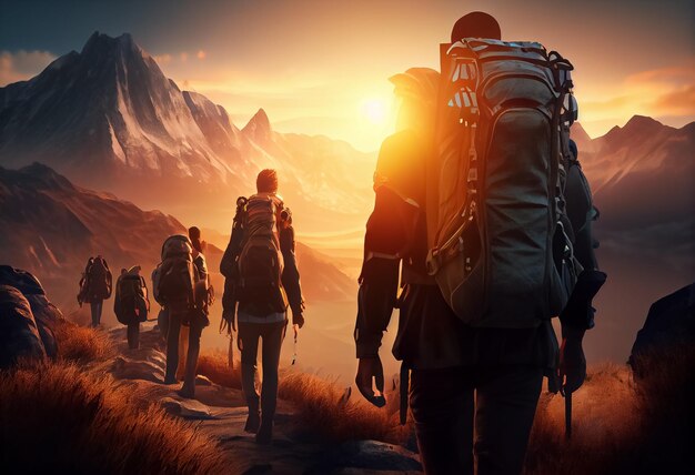 Illustration of group of tourist people with backpack walks in mountains at sunset ai