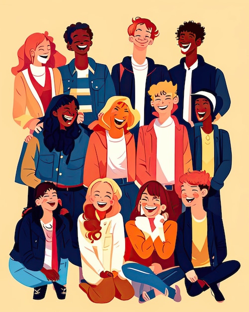 Photo illustration groups of young people smiling colorful diversity