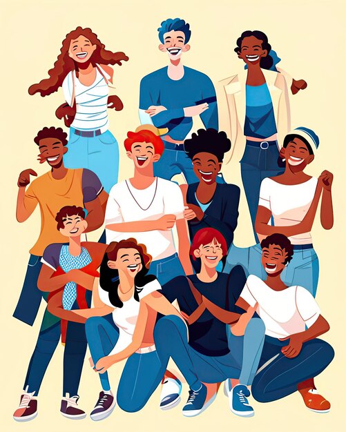 illustration groups of young people smiling colorful diversity