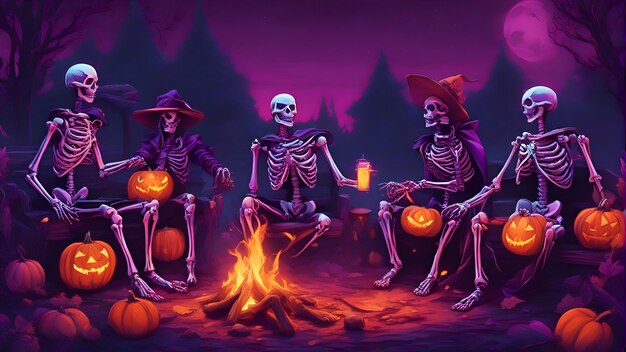 Illustration of a halloween background with a group of skeleton and pumpkins