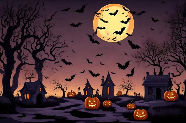 ハロウィーンの背景に家の墓石、木、コウモリ、満月のイラスト