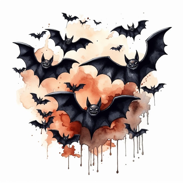 Illustration of halloween clip art bats and vampire watercolor style