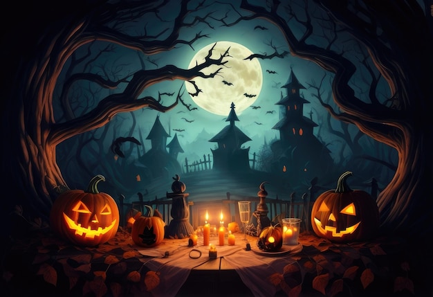 Illustration for Halloween concept Burning candles in a Halloween pumpkin head jack lantern Spooky