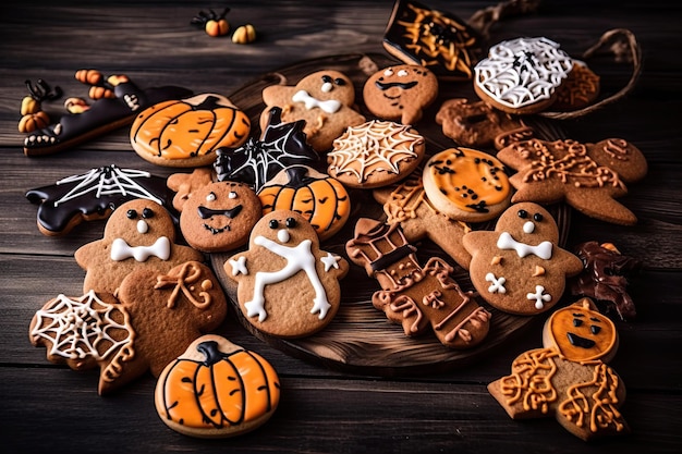 Illustration of Halloween cookies on a dark and spooky wooden background Generative AI