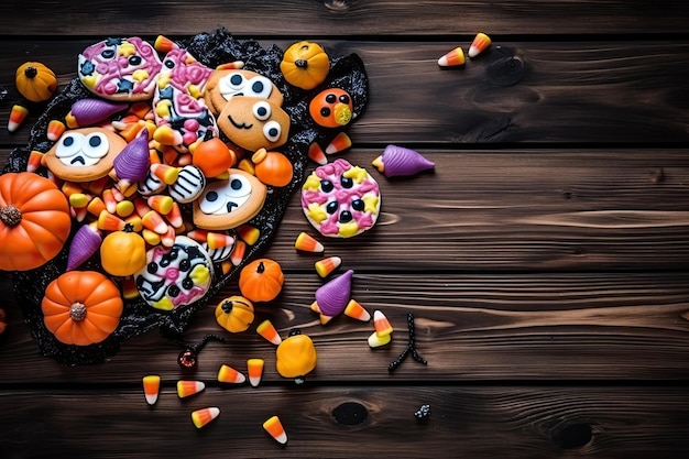 Illustration of Halloween cookies on a dark and spooky wooden background Generative AI
