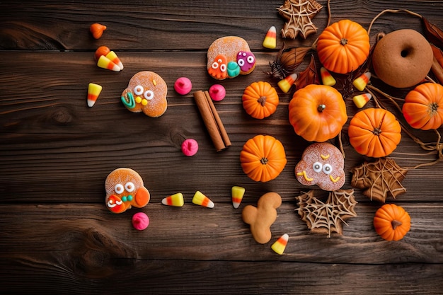 Illustration of Halloween cookies on a dark and spooky wooden background Generative AI