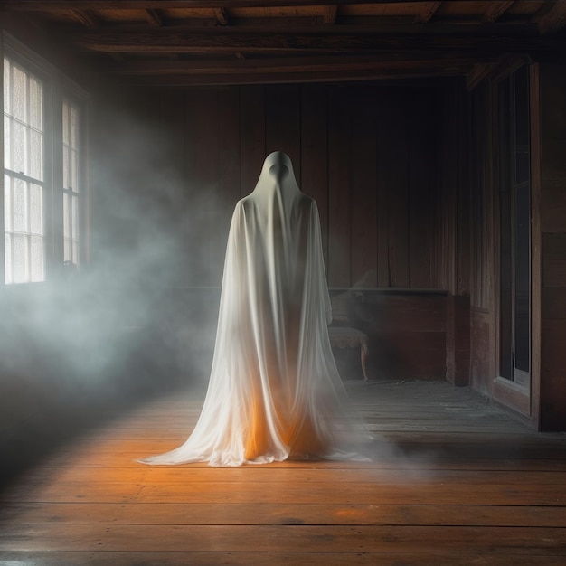 Иллюстрация к Хэллоуину Призрак в белом костюме стоит на деревянном полу в стиле светло-оранжевого и темно-серого Генеративный ИИ