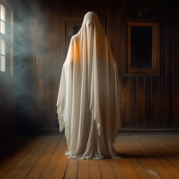 Illustration for Halloween A ghost dressed in a white costume standing on a wooden floor in the style of light orange and dark gray Generative AI