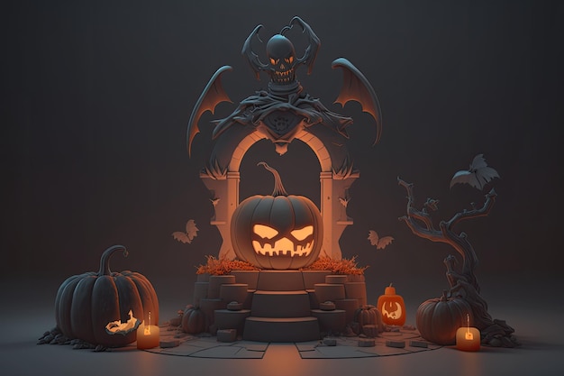 Illustration of a Halloween podium with a pumpkin witch and skull against a ring light background
