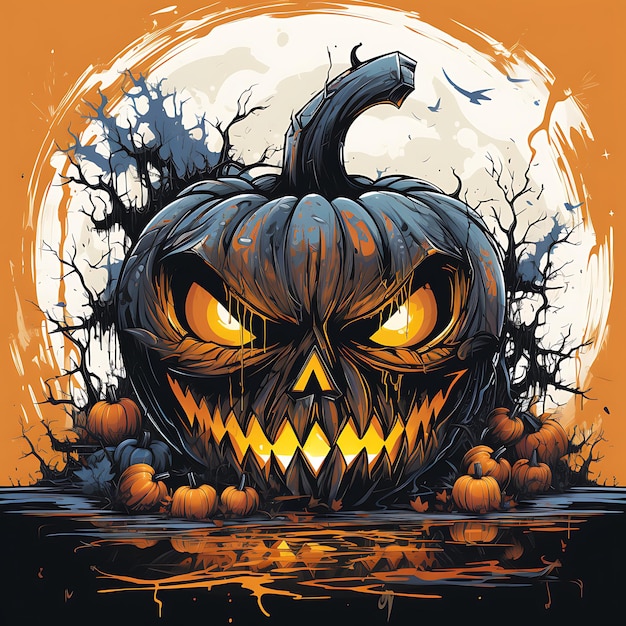 illustration of a Halloween pumpkin face colorful style of banksy scary