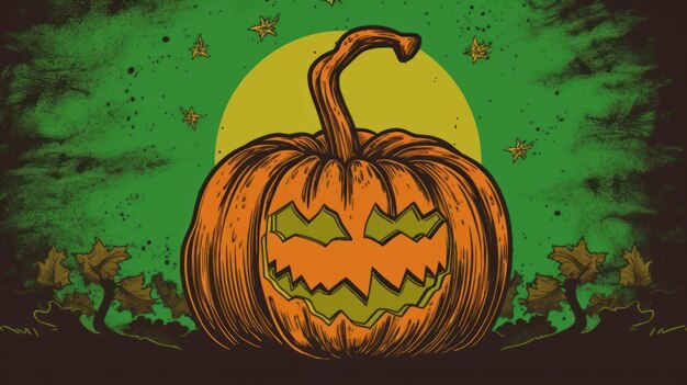 Illustration of a Halloween pumpkin in green tones