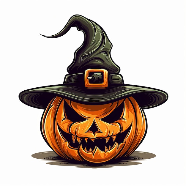 illustration of Halloween pumpkin head with witch hat cartoon style