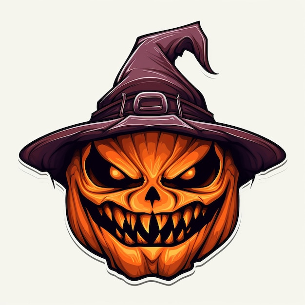 illustration of Halloween pumpkin head with witch hat cartoon style