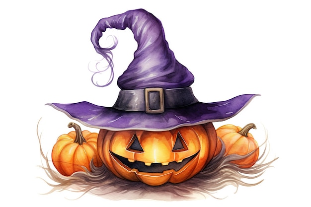 Illustration of halloween pumpkin in witches hat on white background