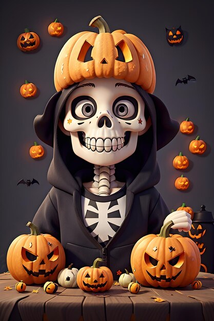 Photo illustration of halloween skeleton skull with spooky pumpkins generative ai