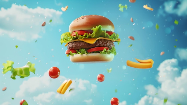 An illustration of a hamburger banner ad with flying ingredients on a blue sky background in 3D