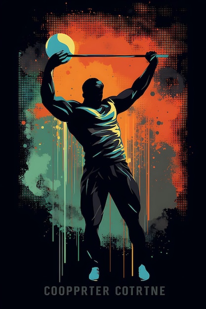 망치 던지기 통제 힘 어고 강렬한 컬러 스키마 평평한 2D 스포츠 아트 포스터
