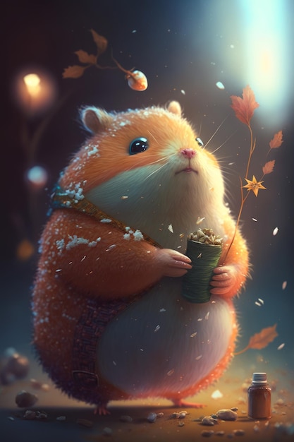 An illustration of hamster holding an apple Generative AI