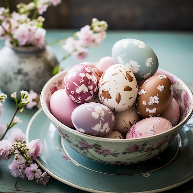 illustration of hand decorated easter eggs in a bowl on a table pain