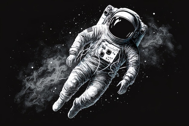 Illustration of a hand drawn astronaut drifting in space