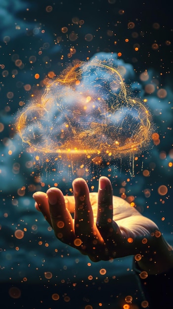 Photo an illustration of a hand holding a glowing cloud in the palm of its hand the cloud is made of tiny particles and is surrounded by a blue mist the background is a dark blue night sky filled with sta