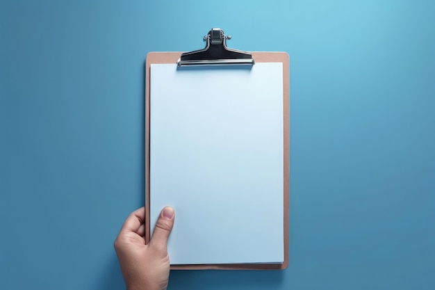 Photo illustration of hand with clipboard blue background generative ai