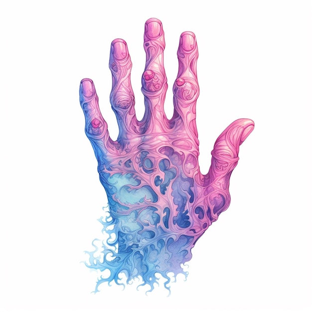 Foto illustrazione di una mano con un disegno rosa e blu generativo ai