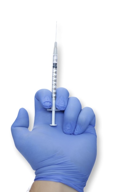 Photo illustration of a hand with syringe and blue glove