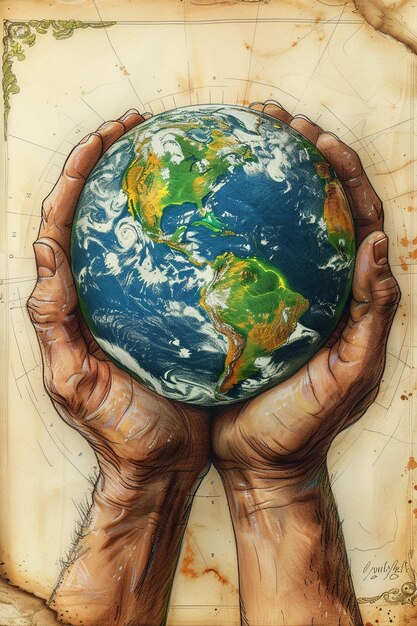 Foto un'illustrazione di mani intorno alle americhe che tengono la terra