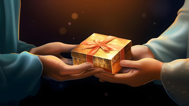 Illustration of hands exchanging gifts during Eid