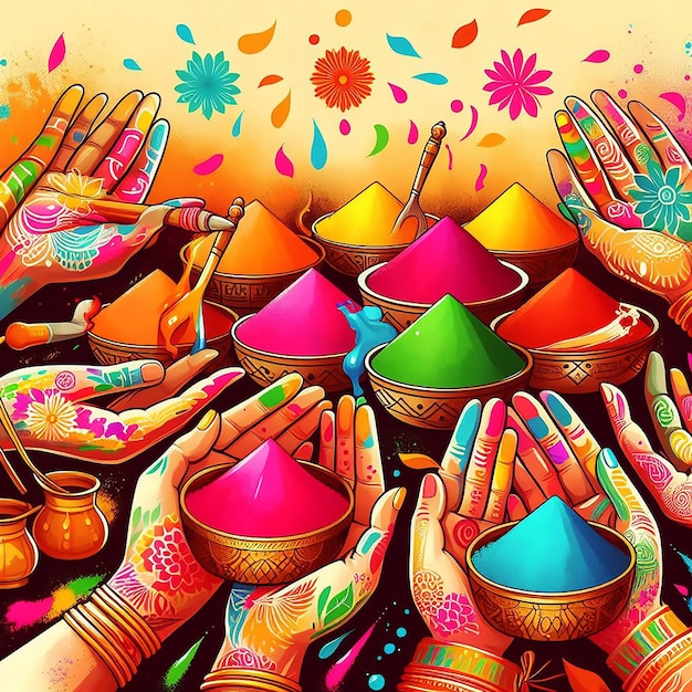 돌 자트라 (dol jatra) 또는 홀리 아이 (holi ai) 를 위한 다채로운 파우더를 가진 손의 일러스트레이션