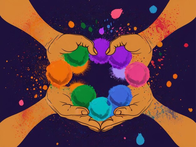 Photo illustration of hands with colorful powders for dol jatra or holi
