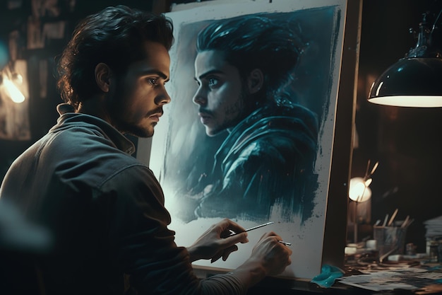 Illustration of a handsome young artist drawing a portrait in pencil in his studio at night in the dark Ai generated