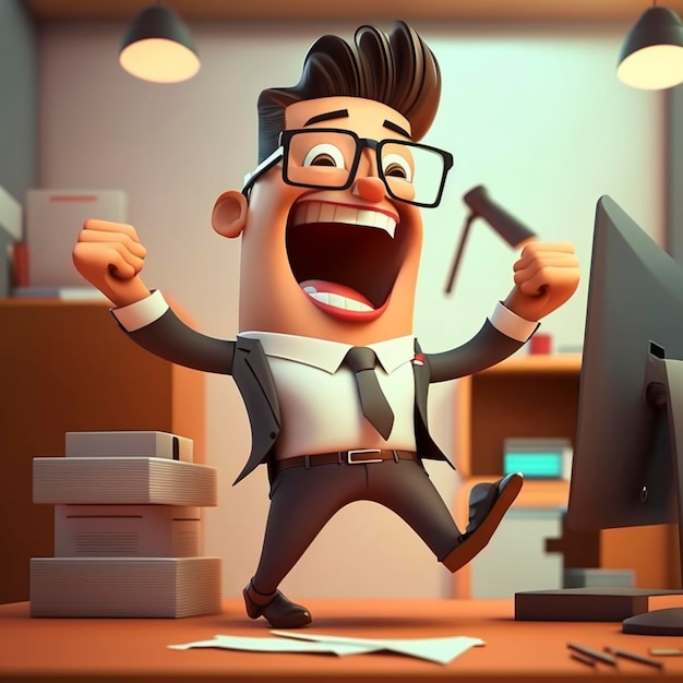 Illustration of a happy businessman in office cartoon 3d