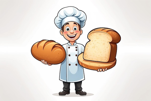 Illustration of happy cartoon baker on button with chefs hat rolling pin and loaf of bread