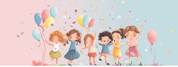 友人の誕生日を祝って踊って楽しんでいる幸せな子供たちのイラスト