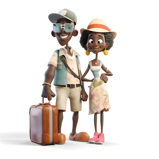 Illustration of happy couple with suitcases in front of famous landmarks