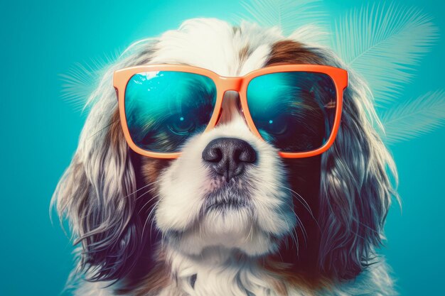 Illustration of happy dog wearing sunglasses Funny humorous banner summer holidays Generative AI