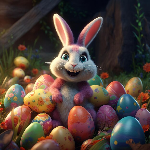 Иллюстрация счастливого пасхального кролика с множеством красочных пасхальных яиц