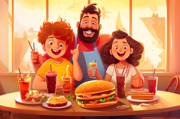 illustration of happy family cartoon characters having fast food together generative ai