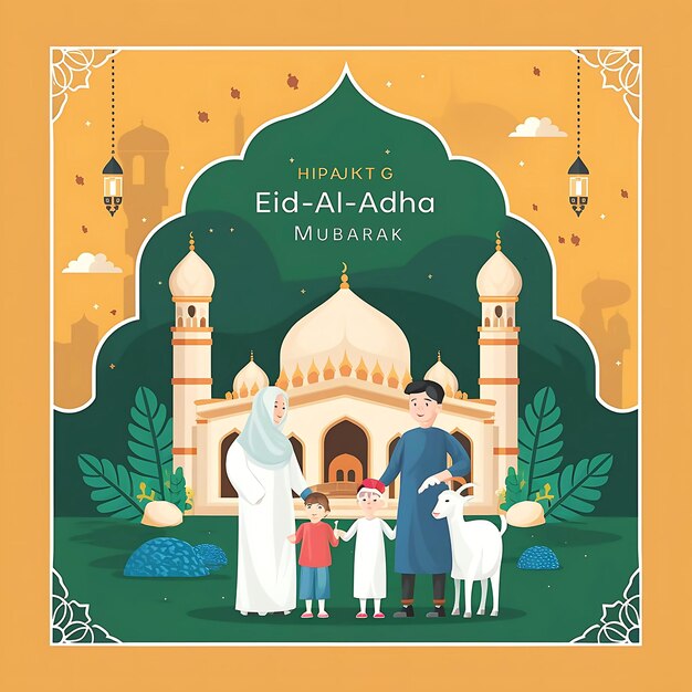 Photo illustration of happy family in front of mosque with goat on eidaladha mubarak